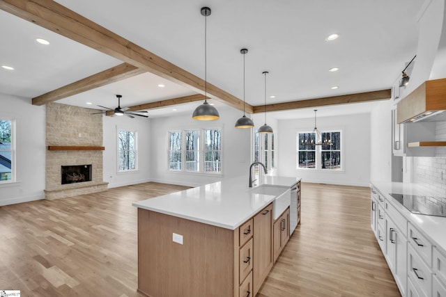 kitchen with backsplash, light wood-style floors, black electric cooktop, and a sink