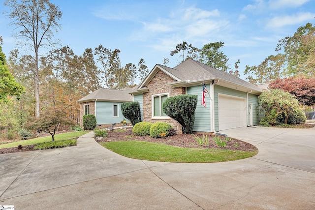 view of front of property with a garage, stone siding, roof with shingles, and concrete driveway