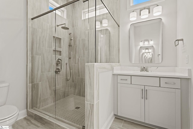 full bathroom featuring a shower stall, toilet, and vanity