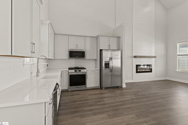 kitchen featuring a large fireplace, a towering ceiling, appliances with stainless steel finishes, and a sink