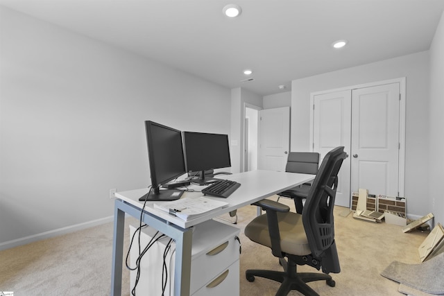 home office with recessed lighting, baseboards, and light carpet