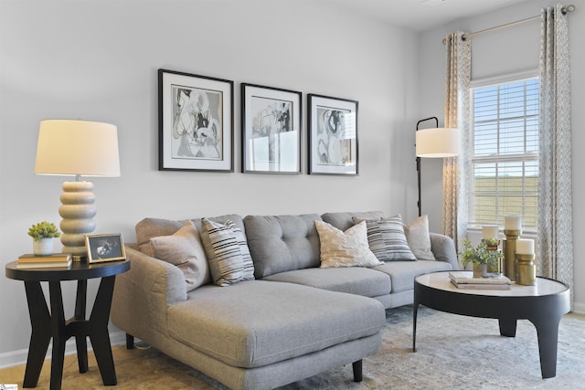 living area with baseboards and wood finished floors