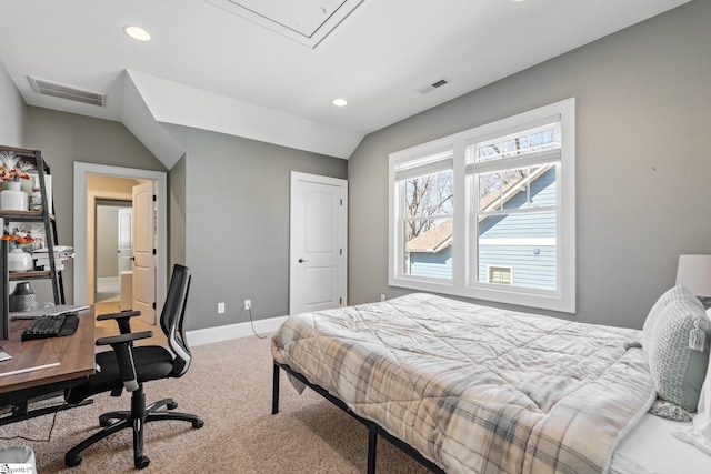 carpeted bedroom with attic access, recessed lighting, baseboards, and visible vents