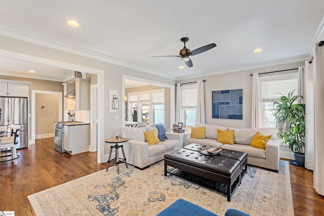 living room with dark wood-type flooring, crown molding, and ceiling fan