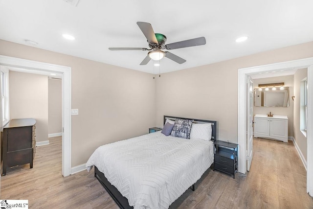 bedroom featuring recessed lighting, baseboards, light wood-style floors, and ceiling fan