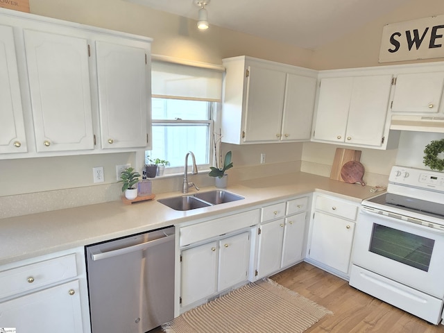 kitchen featuring electric range, a sink, under cabinet range hood, white cabinetry, and dishwasher