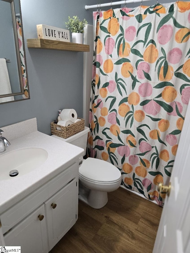 bathroom featuring toilet, curtained shower, vanity, and wood finished floors