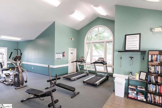 exercise room featuring baseboards and vaulted ceiling