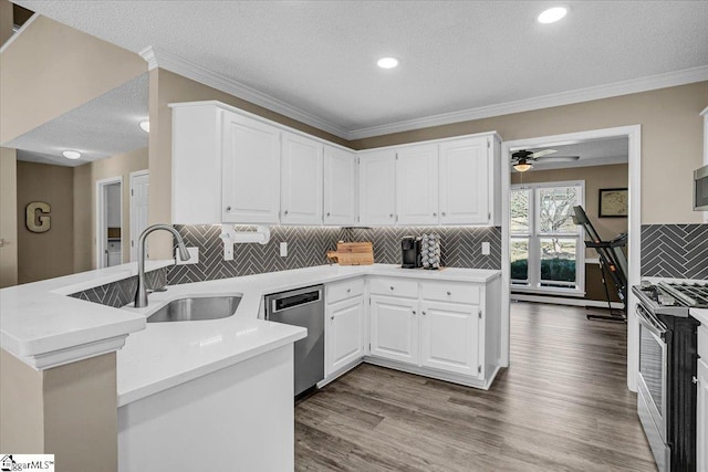 kitchen with light countertops, a peninsula, wood finished floors, stainless steel appliances, and a sink