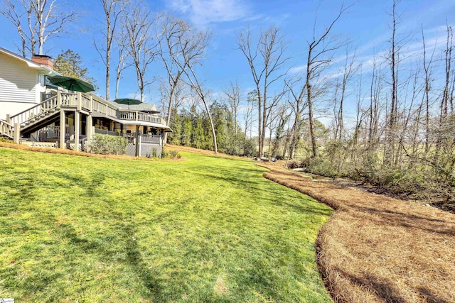 view of yard with a wooden deck and stairs