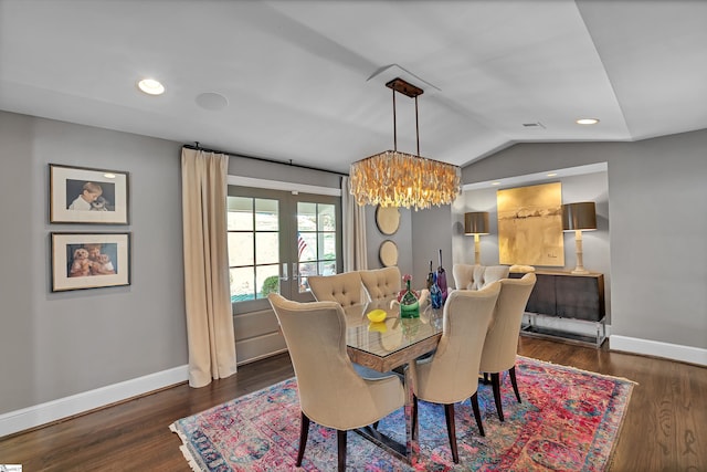 dining space with recessed lighting, baseboards, lofted ceiling, and dark wood-type flooring