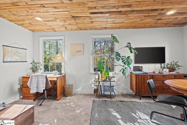 carpeted home office featuring recessed lighting, baseboards, lofted ceiling, and wood ceiling