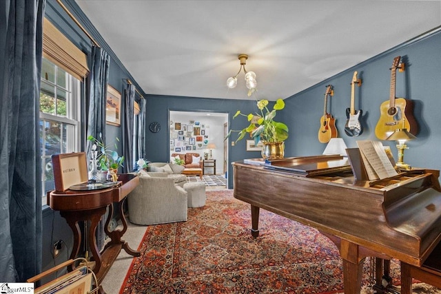 interior space with carpet and a chandelier