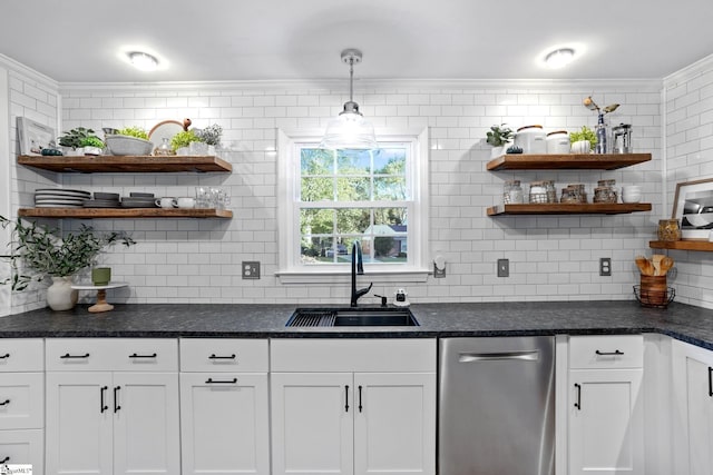 kitchen with open shelves, white cabinetry, dishwasher, and a sink