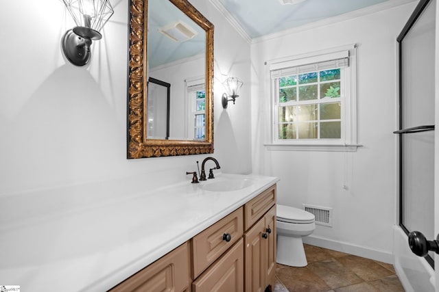 full bath featuring visible vents, an enclosed shower, toilet, ornamental molding, and vanity