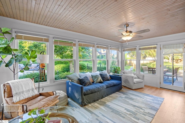 sunroom / solarium featuring wood ceiling and ceiling fan