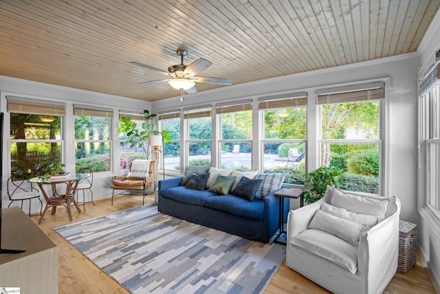 sunroom / solarium featuring wood ceiling and a ceiling fan