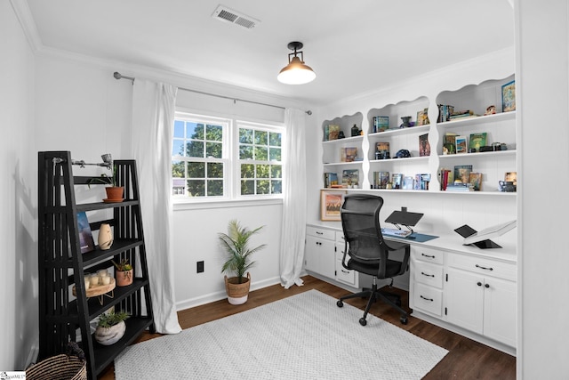 office space featuring dark wood-style floors, visible vents, and baseboards