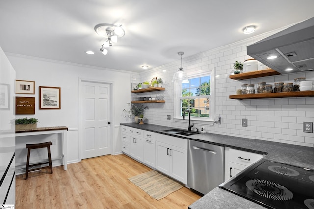 kitchen featuring light wood finished floors, open shelves, a sink, white cabinets, and dishwasher