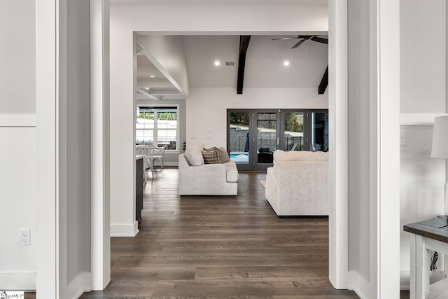 living room featuring vaulted ceiling with beams, baseboards, recessed lighting, a ceiling fan, and dark wood-style flooring