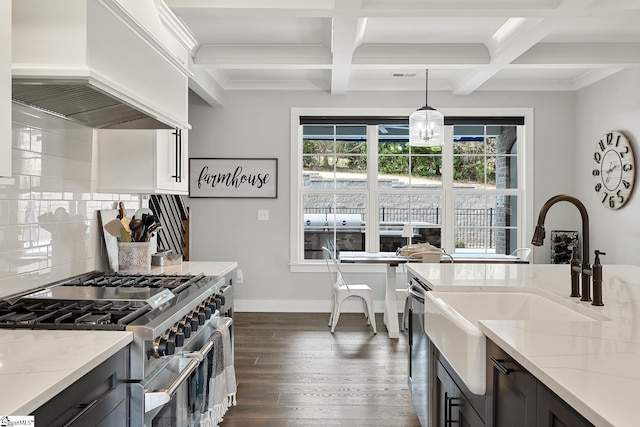 kitchen featuring dark wood-type flooring, premium range hood, range with two ovens, light stone counters, and decorative backsplash