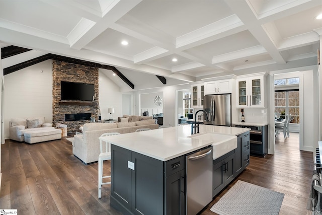 kitchen featuring dark wood-type flooring, a stone fireplace, appliances with stainless steel finishes, white cabinetry, and a sink