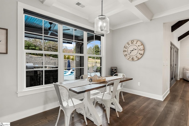 dining room with dark wood-type flooring, baseboards, visible vents, and beam ceiling