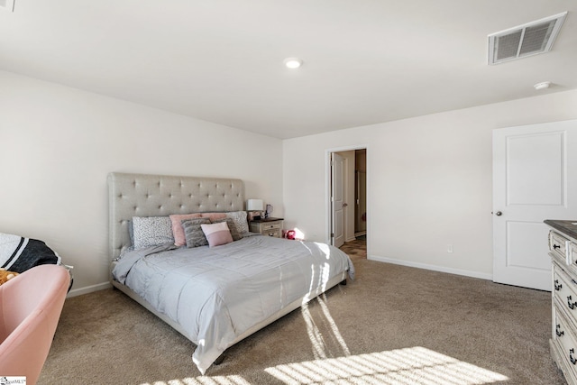 carpeted bedroom featuring visible vents, recessed lighting, and baseboards