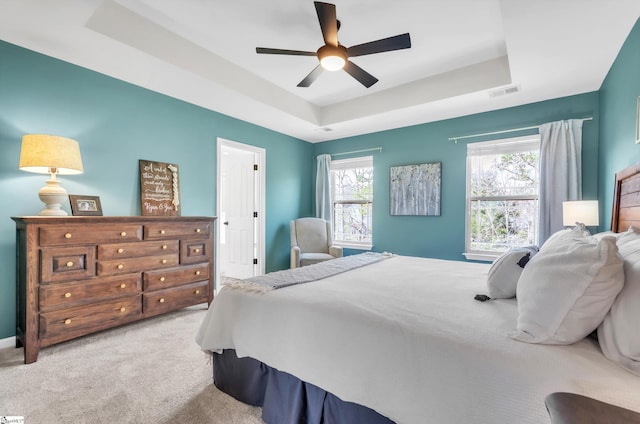 bedroom featuring multiple windows, a raised ceiling, and carpet flooring