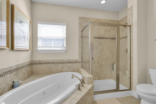 full bath with a shower stall, toilet, and a tub with jets