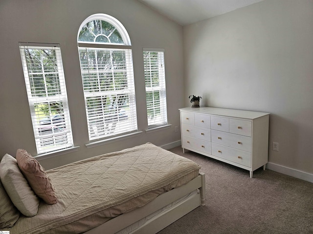 bedroom with multiple windows, baseboards, carpet, and vaulted ceiling