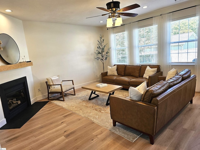 living room with a fireplace, plenty of natural light, light wood-style floors, and baseboards