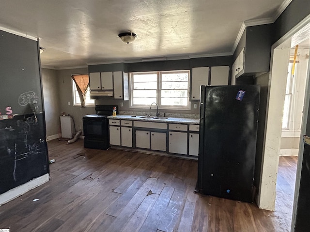 kitchen featuring a sink, black appliances, dark wood finished floors, and ornamental molding