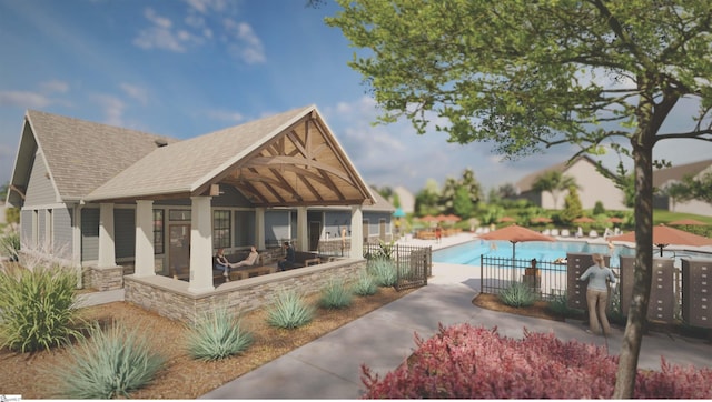 view of swimming pool with a patio area, a fenced in pool, and fence