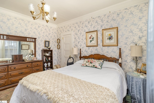 bedroom with wallpapered walls, crown molding, and an inviting chandelier