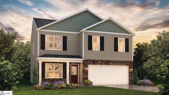 craftsman-style house featuring concrete driveway, an attached garage, and stone siding