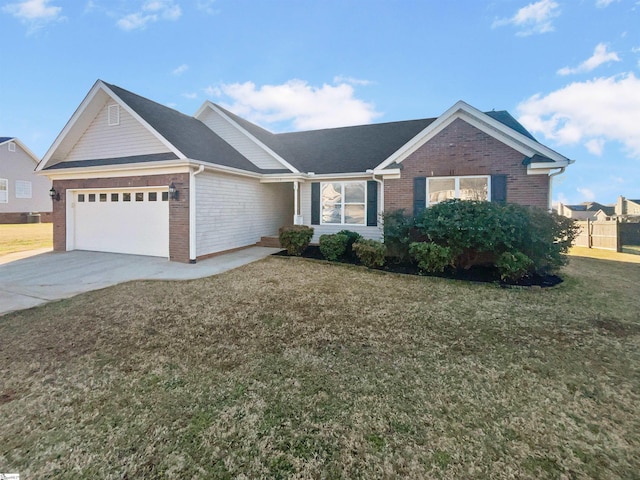 single story home featuring driveway, a front lawn, brick siding, and an attached garage