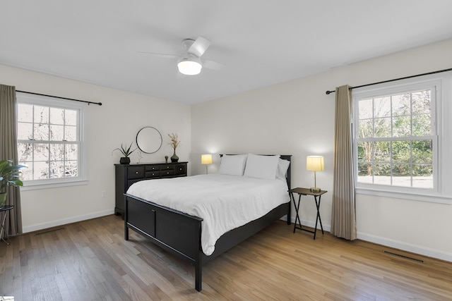 bedroom with visible vents, a ceiling fan, baseboards, and wood finished floors