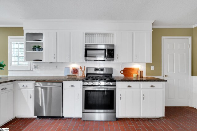 kitchen with open shelves, stainless steel appliances, backsplash, and crown molding