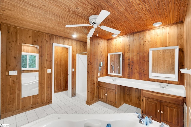 full bathroom featuring tile patterned floors, a sink, double vanity, wood ceiling, and a bath