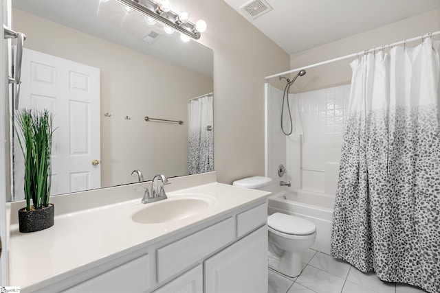 full bath featuring vanity, shower / bath combination with curtain, toilet, and visible vents