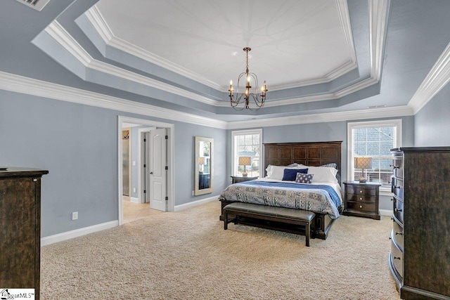 bedroom featuring a raised ceiling, baseboards, a chandelier, and light carpet