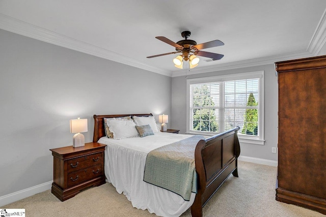 bedroom featuring ceiling fan, light carpet, baseboards, and ornamental molding