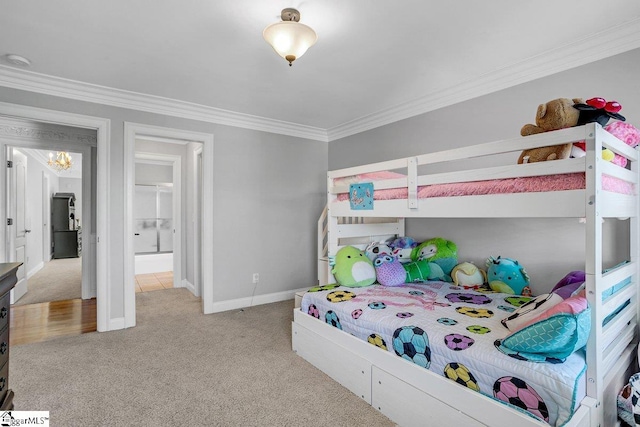 bedroom featuring baseboards, carpet floors, and ornamental molding