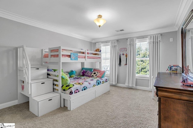 bedroom with visible vents, baseboards, light colored carpet, and crown molding