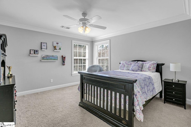 bedroom with visible vents, crown molding, baseboards, and carpet floors