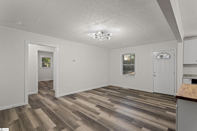 interior space featuring dark wood-style floors, plenty of natural light, and a textured ceiling