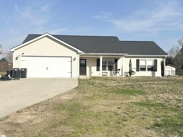 single story home featuring a front yard, an attached garage, fence, and driveway