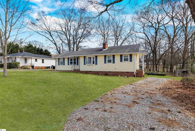 single story home with crawl space, a chimney, a front lawn, and fence