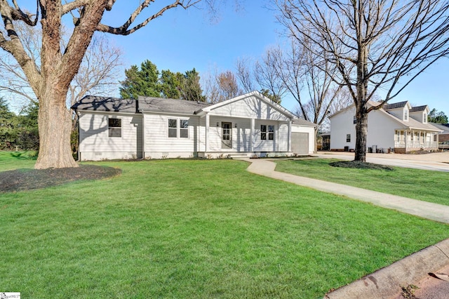 view of front of house featuring a front yard, covered porch, and crawl space